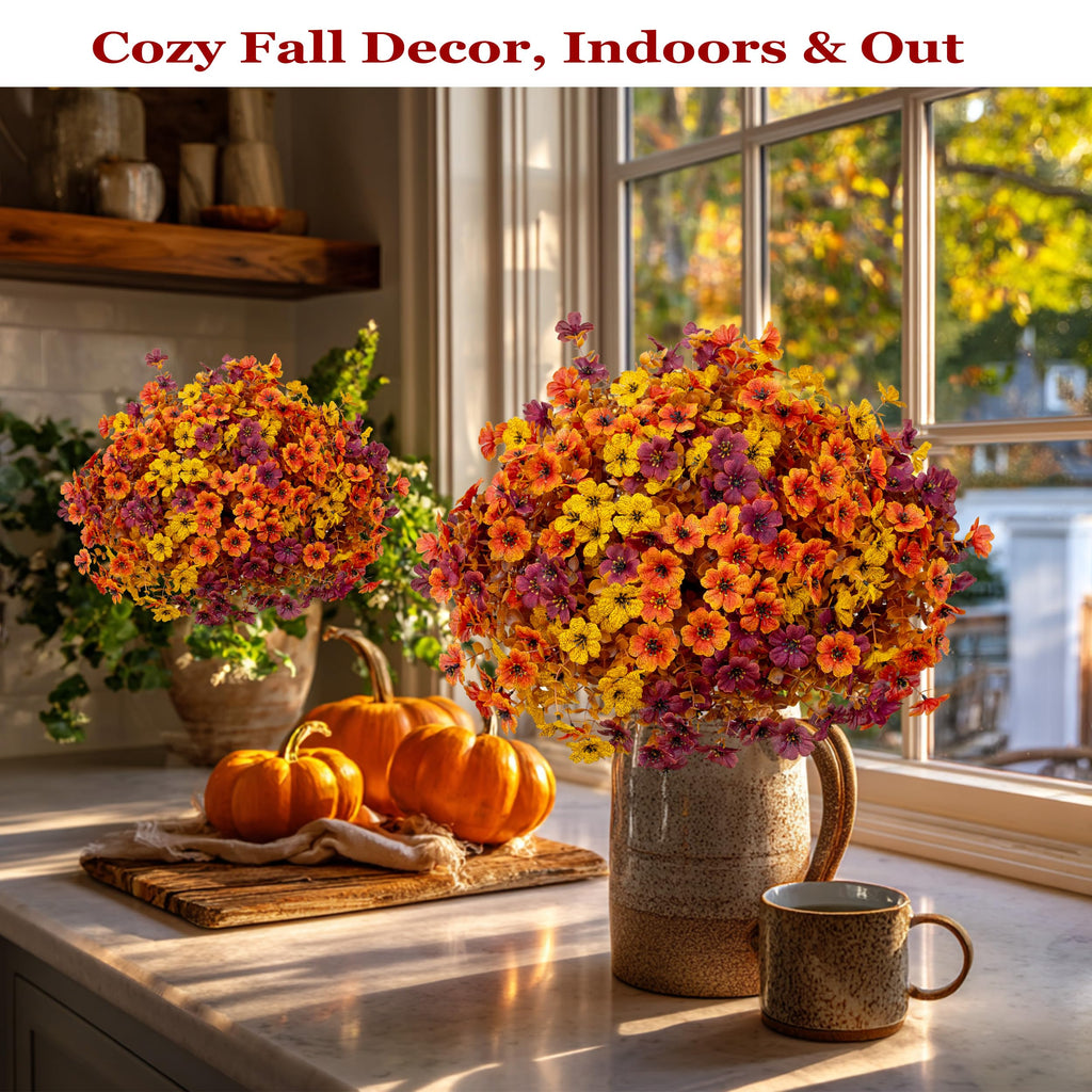 Artificial Fall Flowers Outdoor Fake Mums Brown Orange Yellow