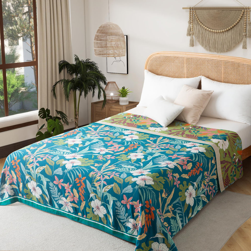 Boho Throw Blanket Twin Size, Soft Cozy Cotton Muslin Quilt Blanket for Bed Decor, Floral Patterned Couch Sofa Chair