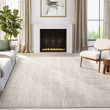 Beige Area Rug - Burke Collection - Checkered Grid Pattern - Easy to Clean - Durable, or Office, Pet &