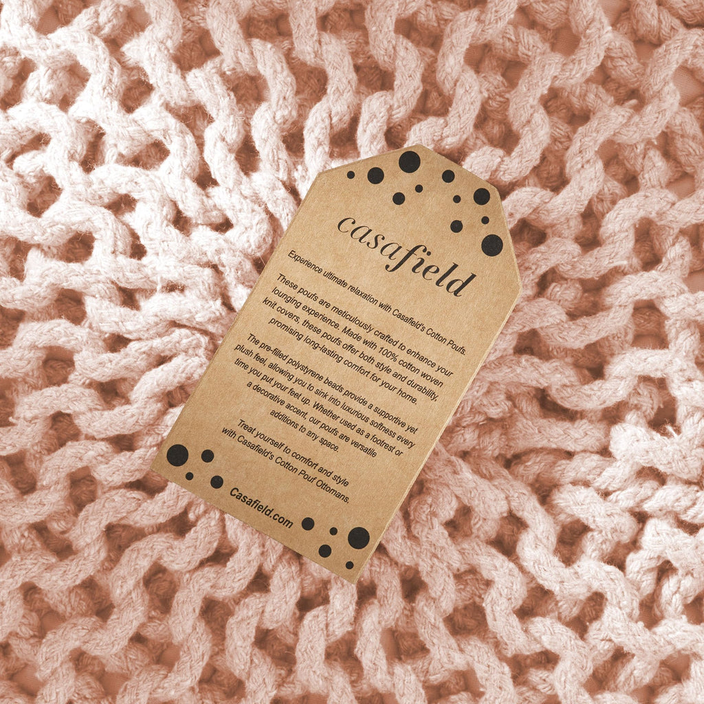 Round Pouf Ottoman, Light Pink - 20" Diameter x 14.5" High Cotton Knit Foot Stool - Boho Floor Pouffe