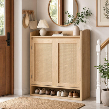 Modern Rattan Shoe Cabinet, Natural Oak Wooden Shoe Storage Organizer with Doors, Adjustable Shelves Shoe Rack