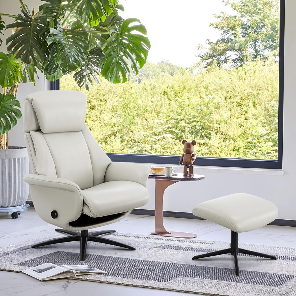 Modern Reclining Swivel Lounge Chair and Ottoman — Grey Genuine Leather