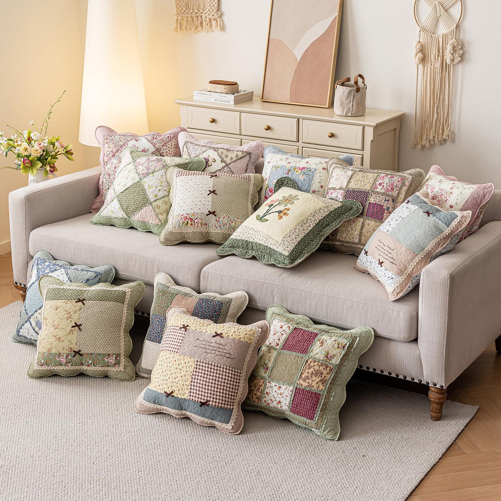 Fall Set of 2 Quilted 100% Cotton Boho Throw Pillow Covers 18" x 18" Farmhouse Country Floral Patchwork Decorative