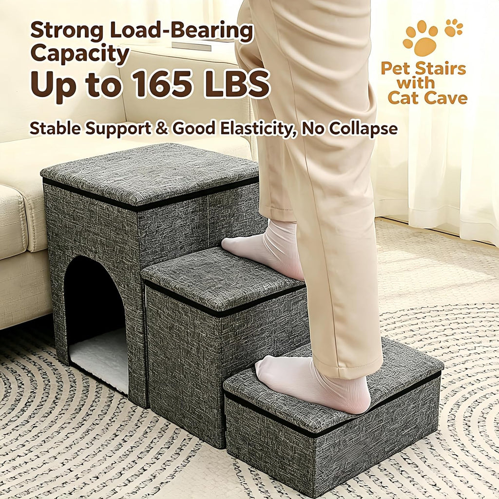 Foldable 3-Step Pet Stairs with Storage & Cat House, Non-Slip Dog Steps Ramp, Sturdy Pet Ladder for Couch, Bed, Ideal