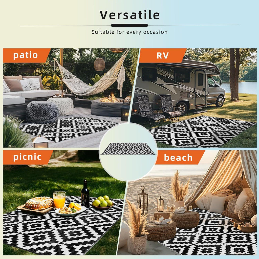 Outdoor Rug Black & White Waterproof Reversible Carpet Mat