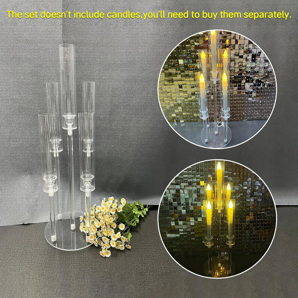 6 Set 26.8'' Tall Acrylic Candelabra Centerpieces,Clear 5 Arms Candlesticks Holder with Acrylic Shade for Candlelight