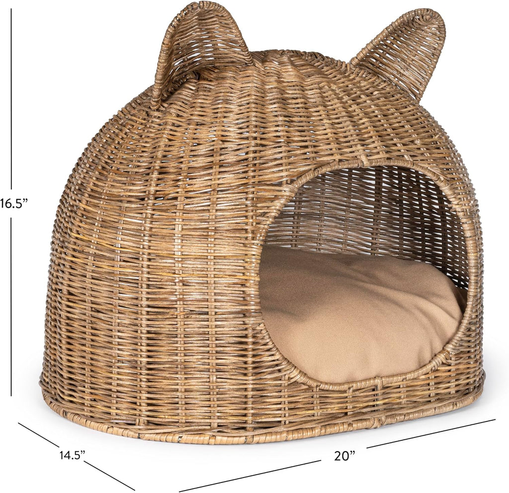 Cat Ear 20" x 14.5" Coastal Handwoven Rattan Cat Bed with Machine-Washable Cushion, Natural