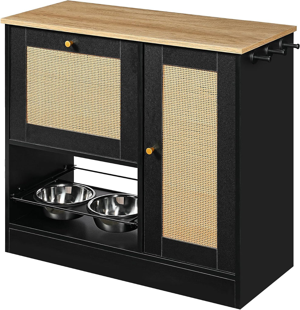 Dog Feeding Station with Wicker Storage, Dog Food Storage Cabinet with 2 Bowls & Side Hooks, Pet Organizer, Dogs