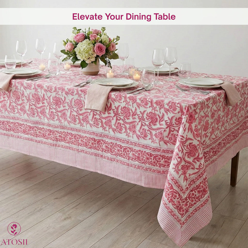 Cotton Blockprint Rectangle Table Cloth, Red Bloom, 90" X 60"