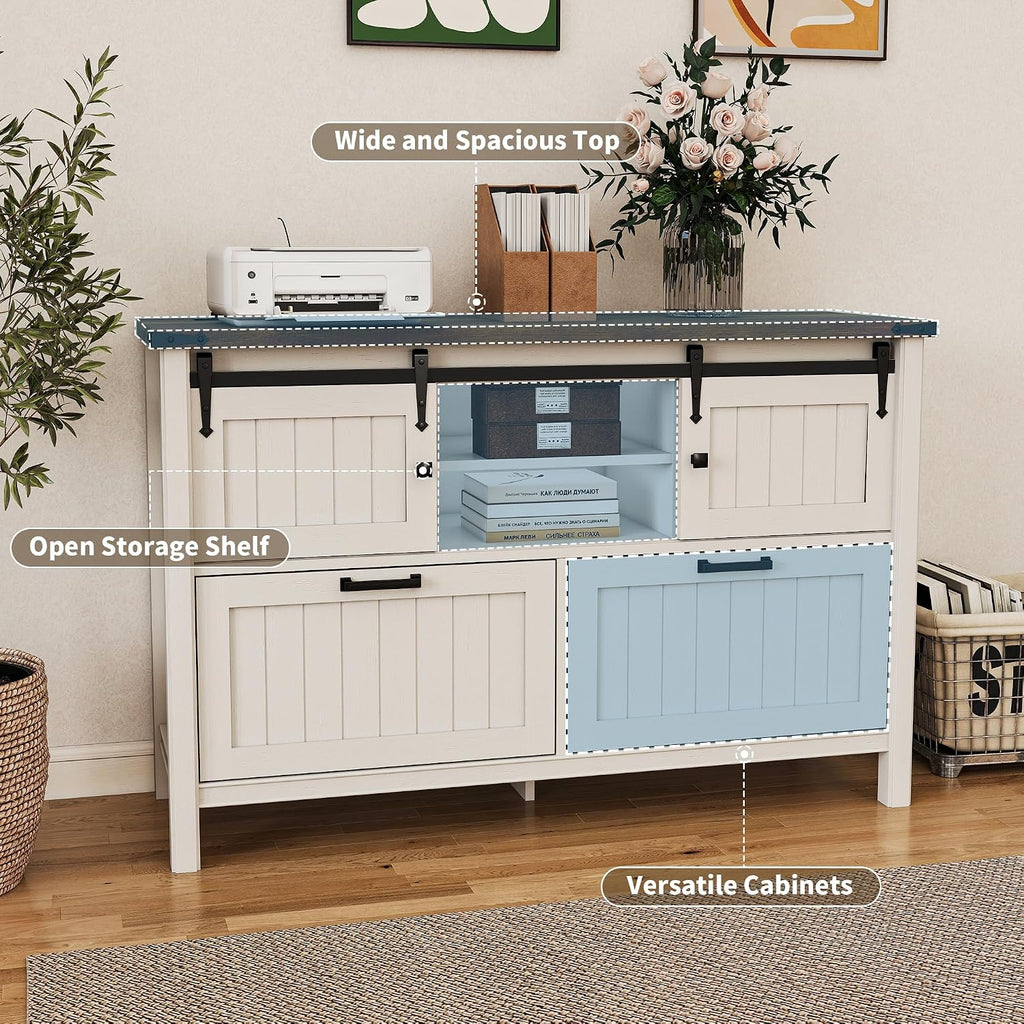 Farmhouse File Cabinet , White Printer Stand | Office Credenza Storage Cabinet,Sliding Barn Doors & 2 Large File