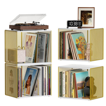 1 Cube Vinyl Record Storage, Wooden Stackable Record Crate, White & Gold