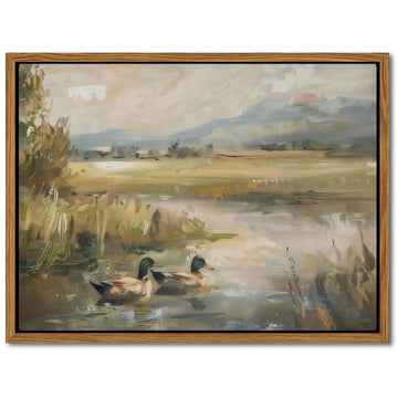 Vintage Duck Wall Art, Farmhouse Wall Decor, Framed Mallard Ducks Picture, Rustic Pond Landscape Canvas Print