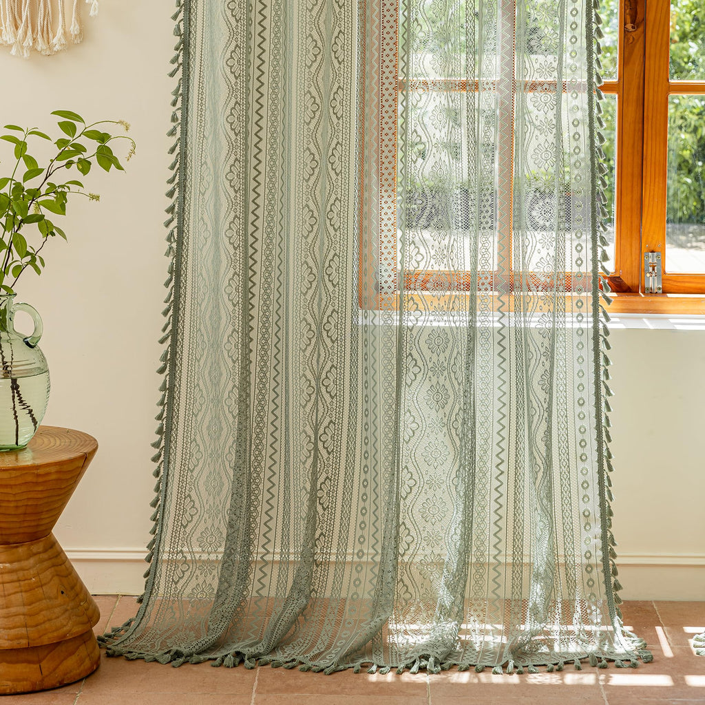 Sage Green Boho Lace Curtains with Tassel 90 Inch Length 2 Panels Vintage Floral Bohemian Crochet Geometry Striped