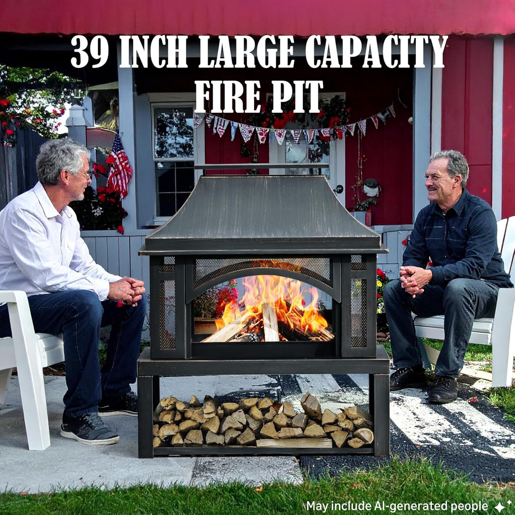39" Fire Pits with Wood Storage for Outside, Large Wood Burning Outdoor Fireplace with Chimney