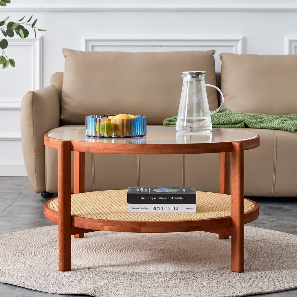 Chinese Style Coffee Table, 34.64" Log Style Faux Rattan Round Double-Layer Solid Wood Coffee Table with Craft Glass