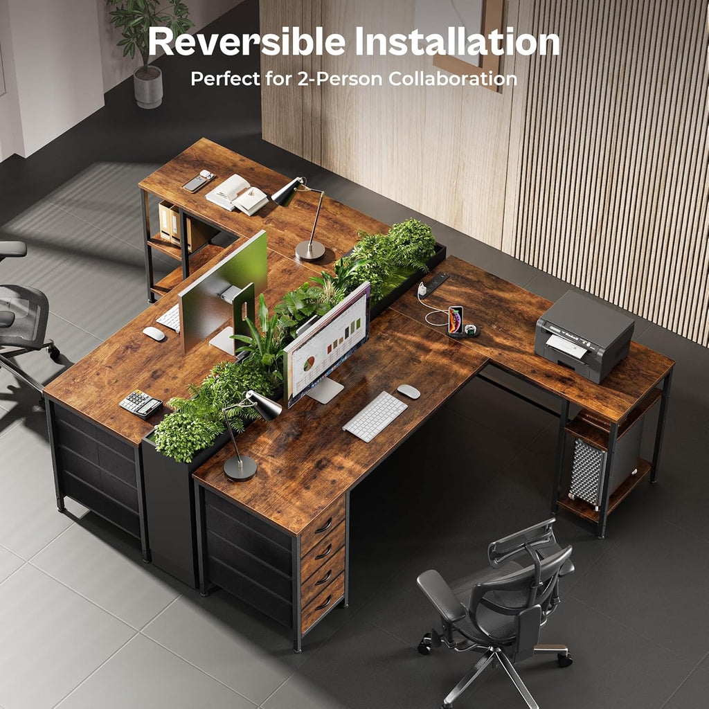 63 Inch L Shaped Desk with Fabric Drawers, Computer Office Desk with Power Outlets and USB-C Port