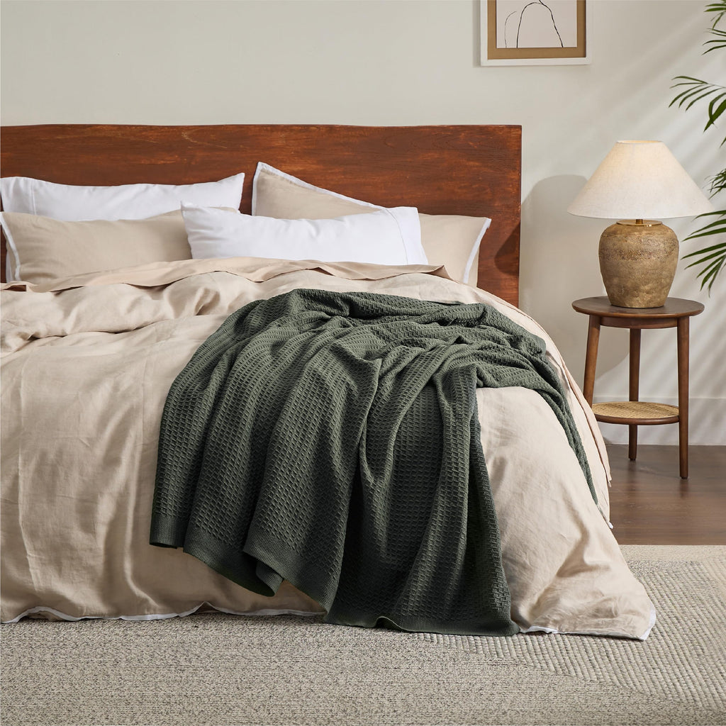 100% Cotton Blanket, Waffle Weave, Queen Size, Olive Green, 90"x90"