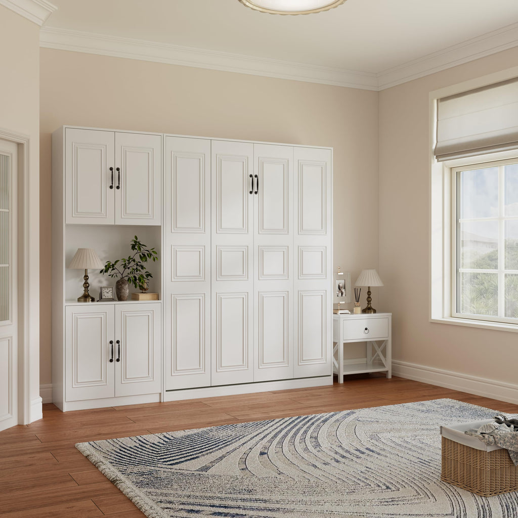 Vintage Murphy Bed Queen with 1 Cabinet, 85" Hidden Wall Bed, Vertical Murphy Bed Twin, Features a Hydraulic Rod/Padded