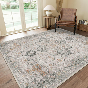 5X7 Area Rugs for Living Room, Machine Washable Non Slip Vintage Rugs, Low Pile Lightweight Chenille Print Rug for