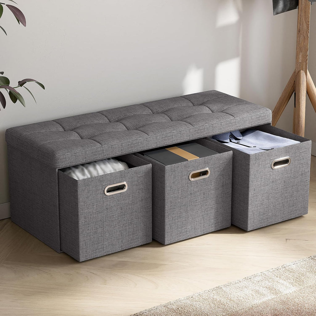 40 Inch Storage Ottoman with 3 Drawers, Tufted Linen, Dark Gray | Foldable Large Bench Design; Foot Rest Stool Seat;