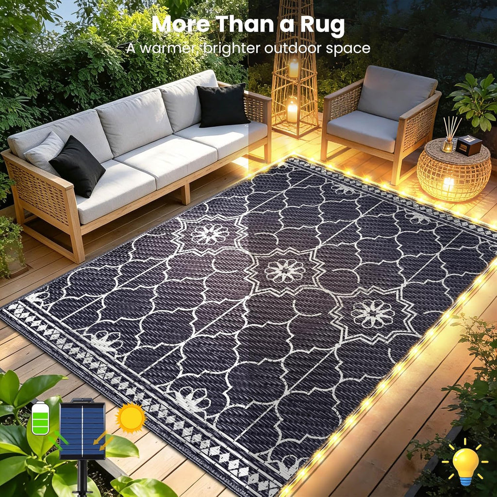 Outdoor Rug, Solar Powered Outdoor Rug with 94LEDs Strip Lights Deck, Waterproof Plastic Reversible Outdoor