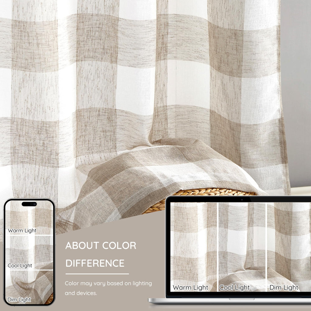 Tan White Buffalo Plaid Sheer Curtains for Farmhouse 54 Inch Long