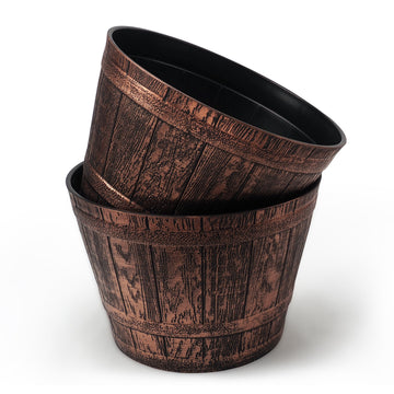 Plant Pots Set of 2 Pack 10 inch, Copper Whiskey Barrel Planters with Drainage Holes. Plastic Decoration Flower Pots