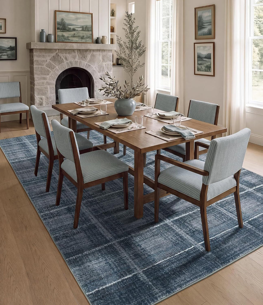 Blue Grey Distressed Plaid Area Rug