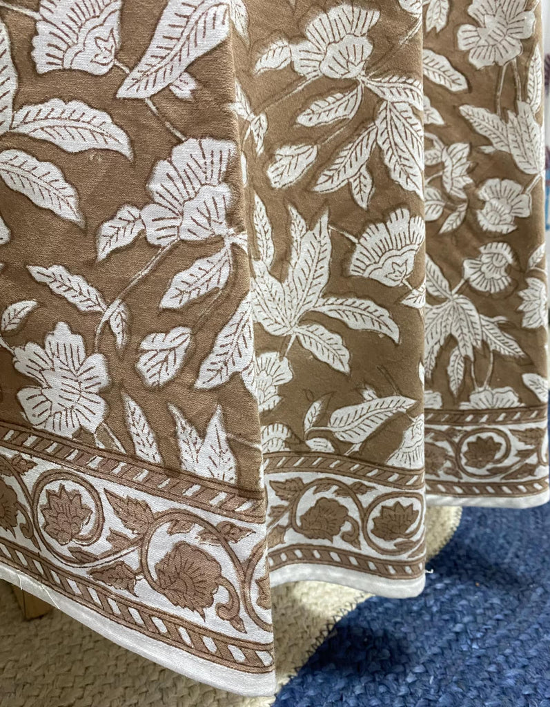 Hand Block Print Round Tablecloth Oak Brown 90 Inch 100% Cotton