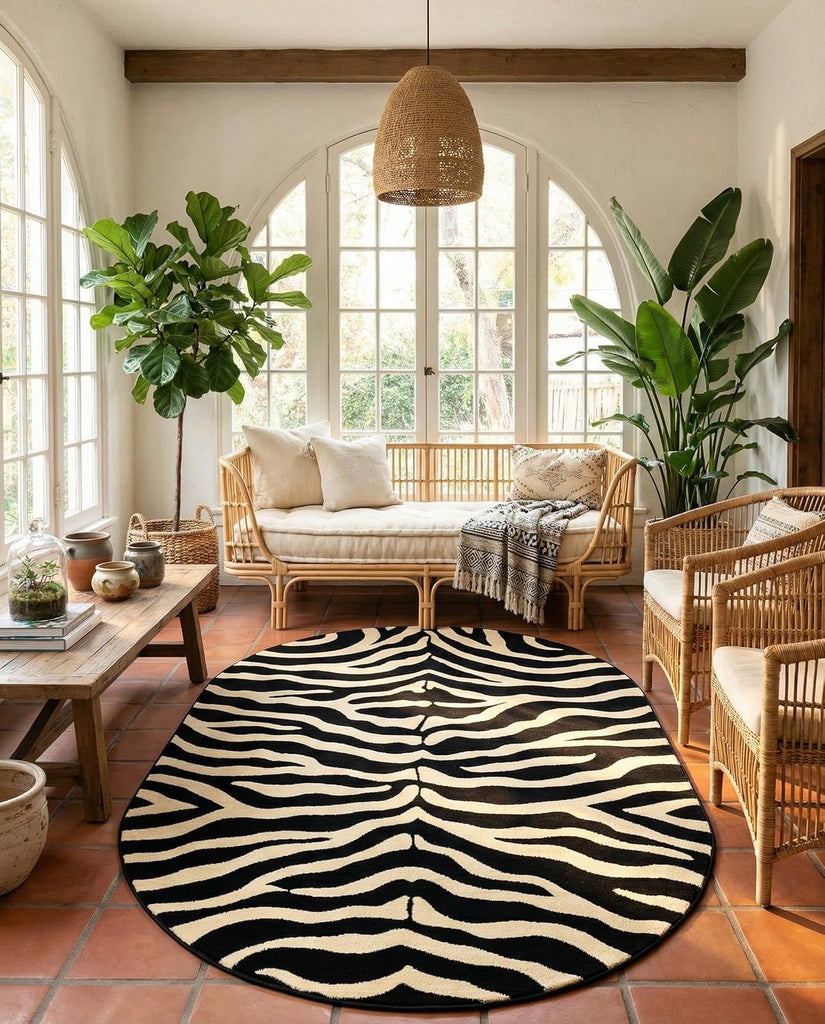 Savannah Rug - 5' Oval Black Easy-Clean Rug Modern Zebra Print s and Bedrooms