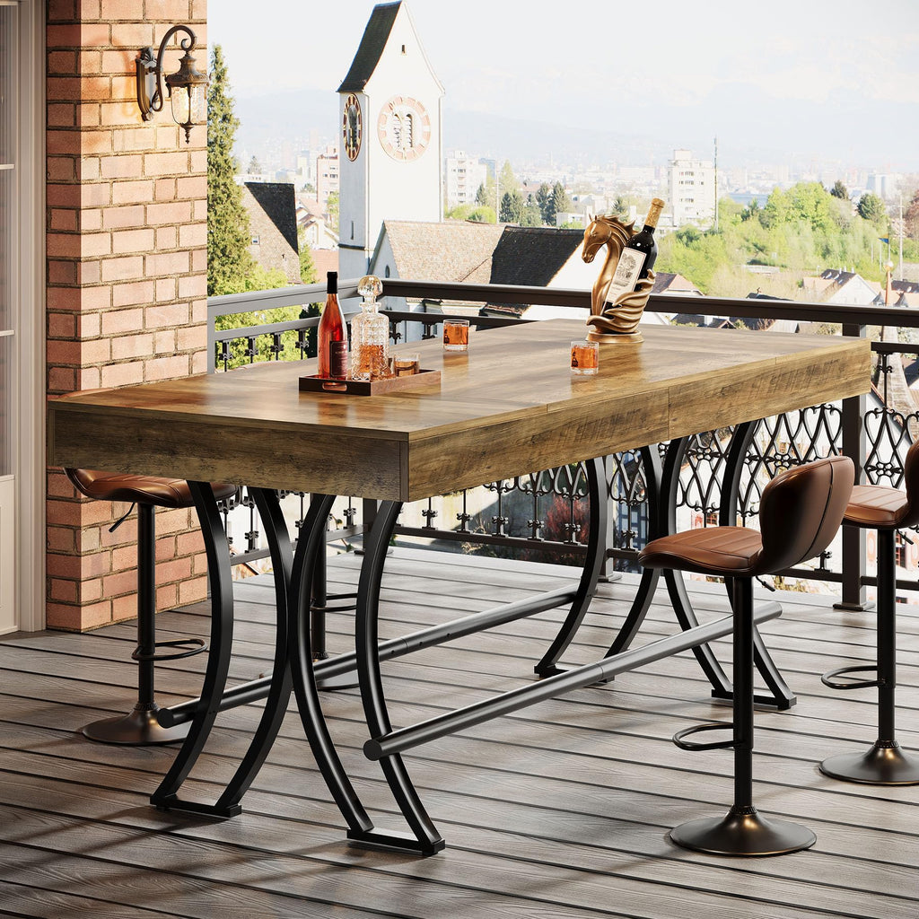 63" Counter Height Bar Table with Metal Footrest, Rectangular Tall Kitchen Dining Pub Table, Industrial Home Bar Unit