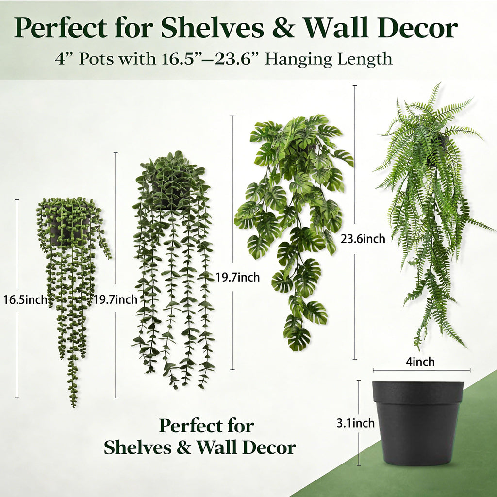 4 Pack Artificial Hanging Plants Indoor - Faux Hanging Wall Plants, String of Pearls, Eucalyptus & Monstera, Fake