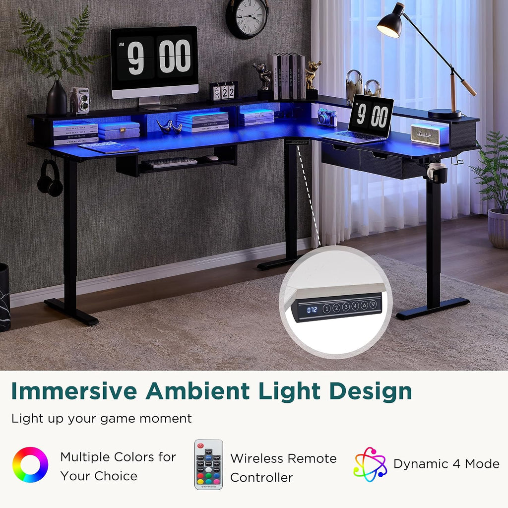 75x60 Inches L Shaped Electric Standing Desk, Carbon Fiber Black | Height Adjustable Corner Gaming Desk with Drawer