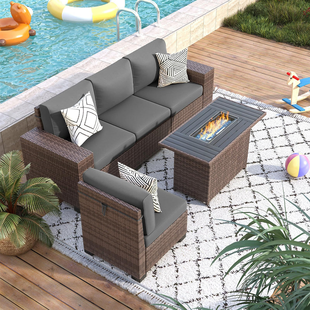 Patio Furniture Set with 44'' Fire Pit Table, 5 Pcs Outdoor Sectional Sofa