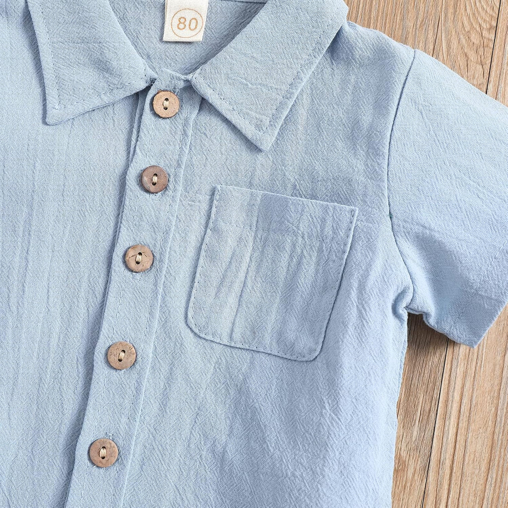 Toddler Baby Boys Clothes Set Button-Down Shirt Tops + Cotton Linen Shorts Summer Outfit 2PCS with Pockets
