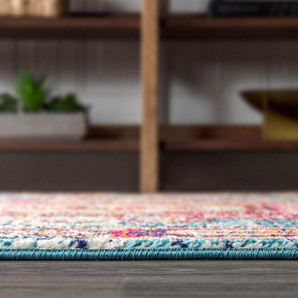 Vintage Boho Blue/Red Indoor Area Rug, Bohemian Flair Traditional Medallion, Floral Easy-Cleaning High Traffic