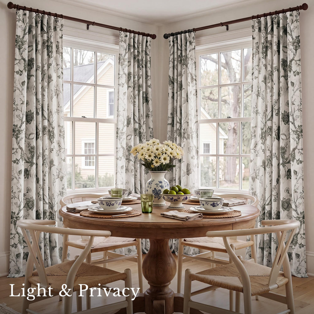 Grey Toile Linen Floral Curtains 52Wx84 Inch Long