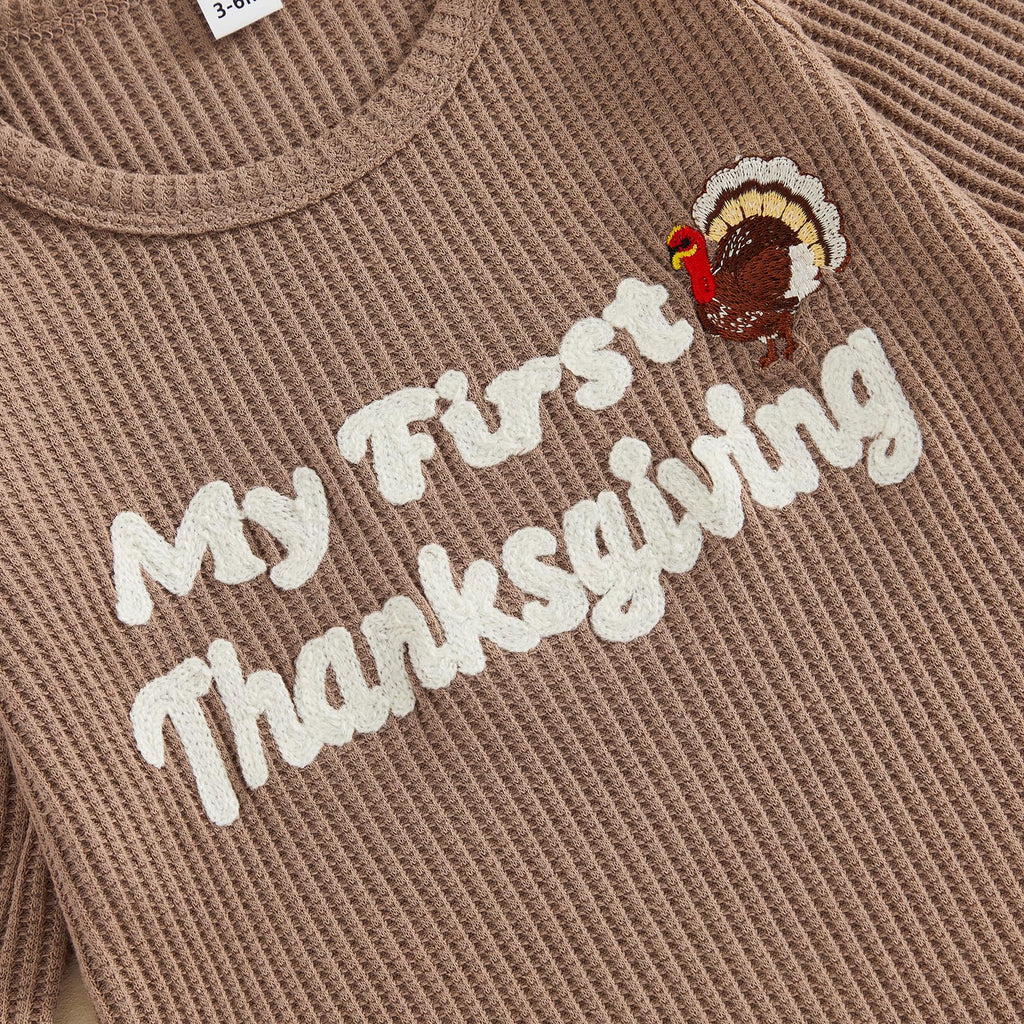 My 1st Thanksgiving Baby Boy Outfit Newborn Embroidered Waffle Long Sleeve Romper Turkey Pants Hat Set 3Pcs Clothes