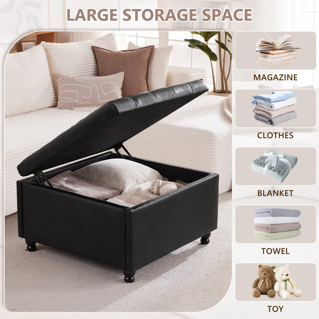 28" Large Square Ottoman with Storage, Leather Ottoman Coffee Table, Black