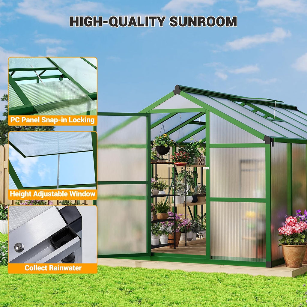 8 x 12ft Polycarbonate Greenhouse for Outdoors - Heavy Duty Aluminum Walk-in Greenhouse with Lockable Door