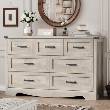 Dresser with 7 Drawers, 58" Wide Wood Chest of Drawers with Deep Drawers & Mental Handle, Modern Dresser TV Stand