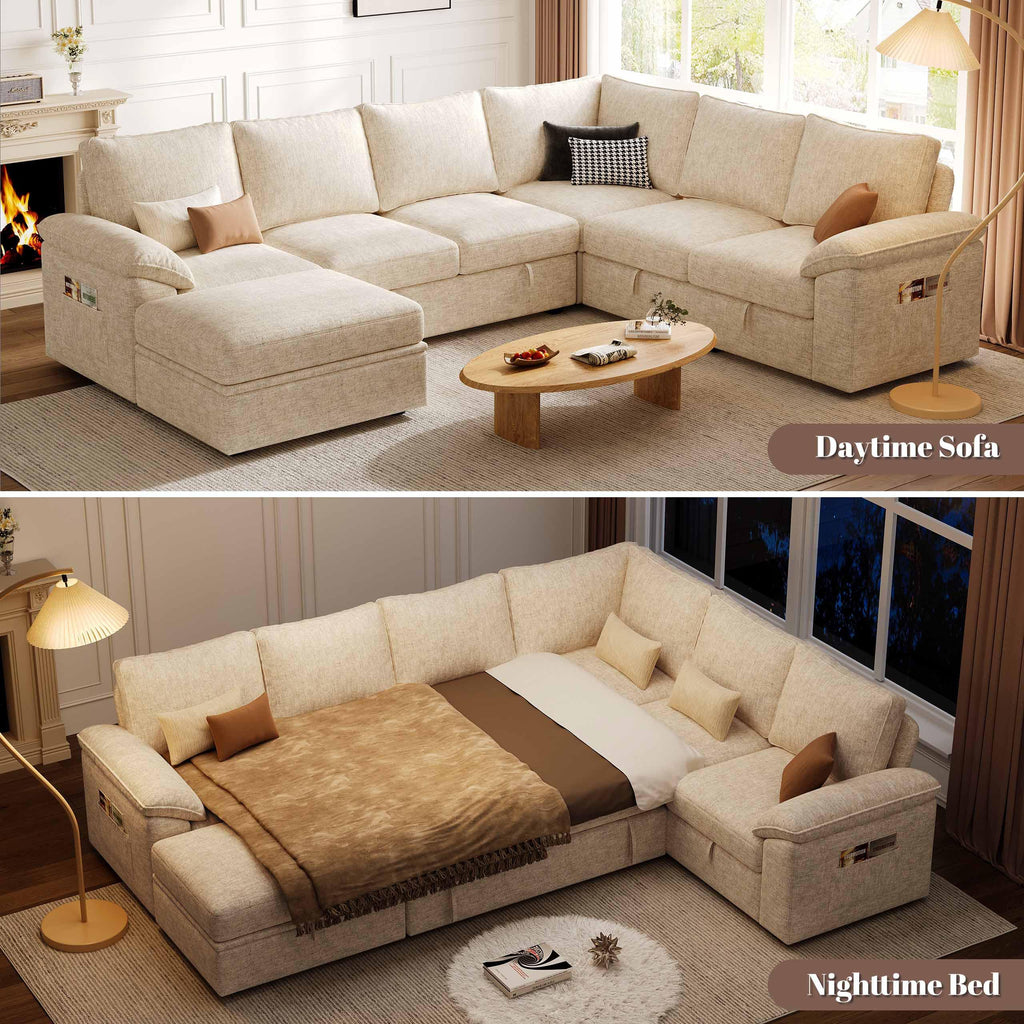 106'' Modular Sectional Sofa with Pull Out Bed, Sleeper Sofa, Beige