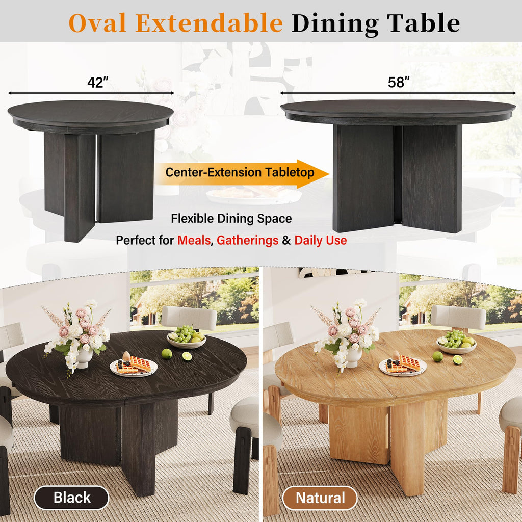 Extendable Dining Table, 42"-58" Length Farmhouse Oval Wood Table with Pedestal Base and Adjustable Foot Pads, Seats