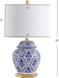 25" Blue/White Classic Traditional Ginger Jar Ceramic LED Table Lamp, Chinoiserie Table Lamp Bedroom, Gold Base