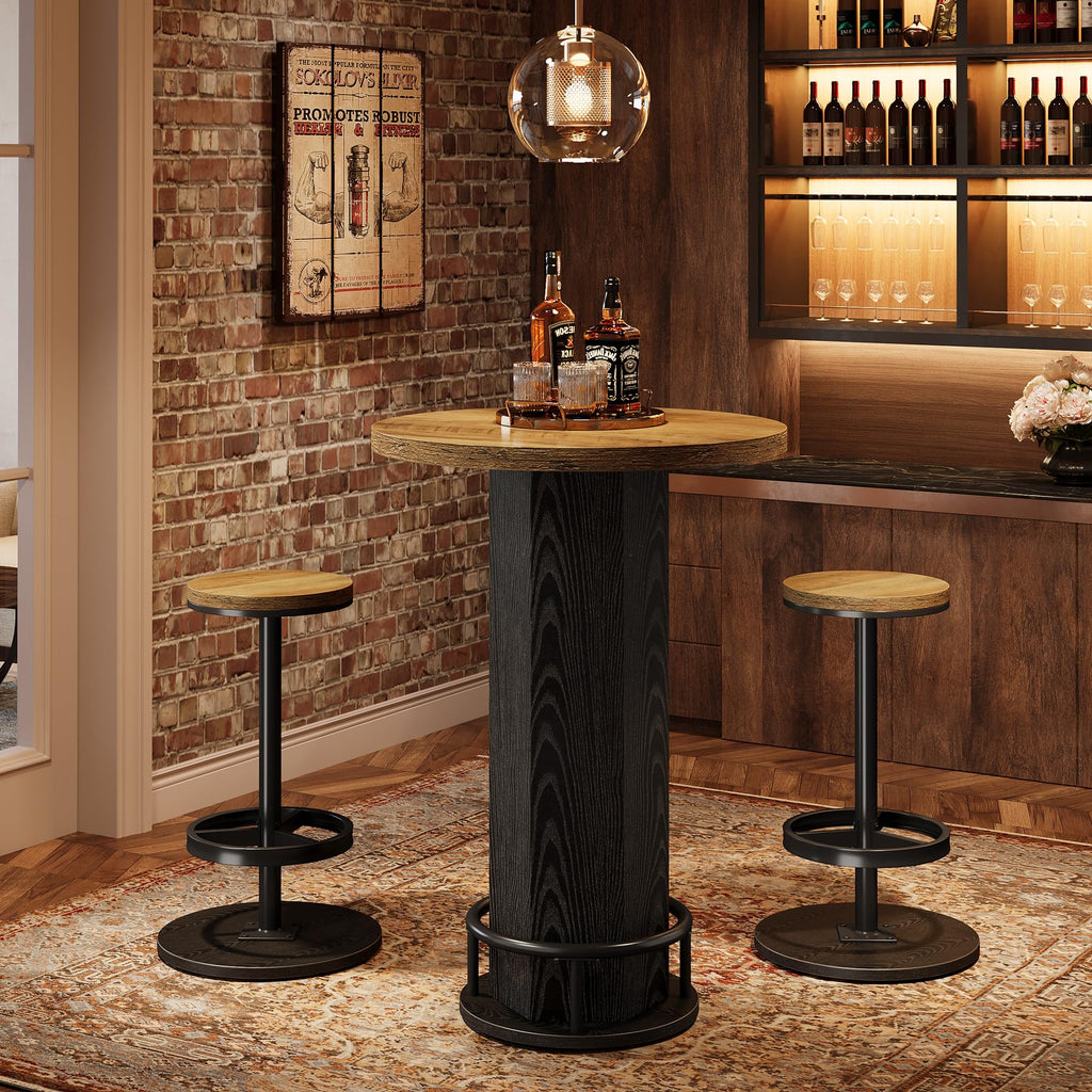 Round Bar Table with Chairs Set of 2, Industrial Bistro Sets with 2 barstools, Pub Cocktail Table with Metal Ring