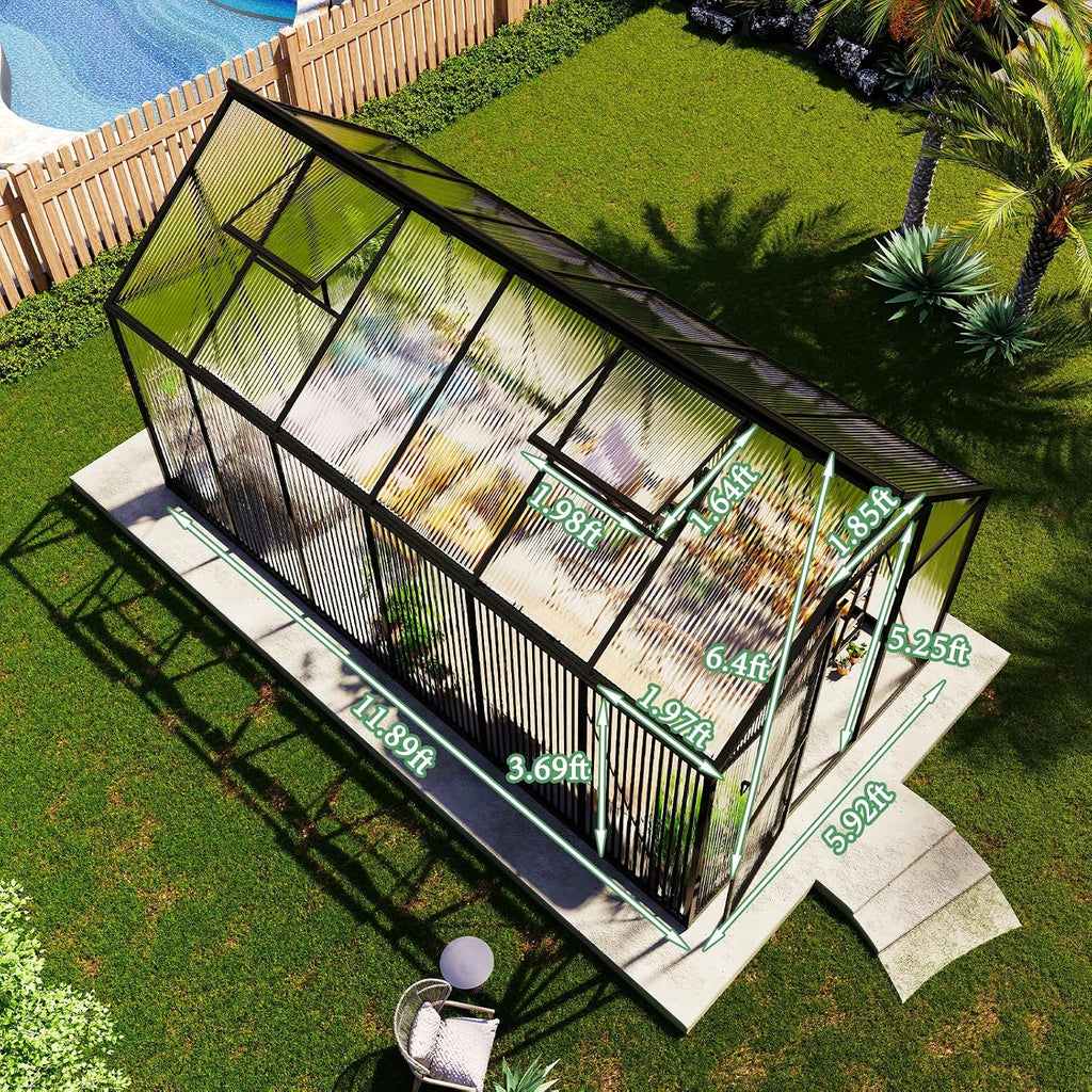6x12 Ft Polycarbonate Greenhouse for Outdoors, Walk-in Design with Aluminum Frame, 2 Windows and Swing Door