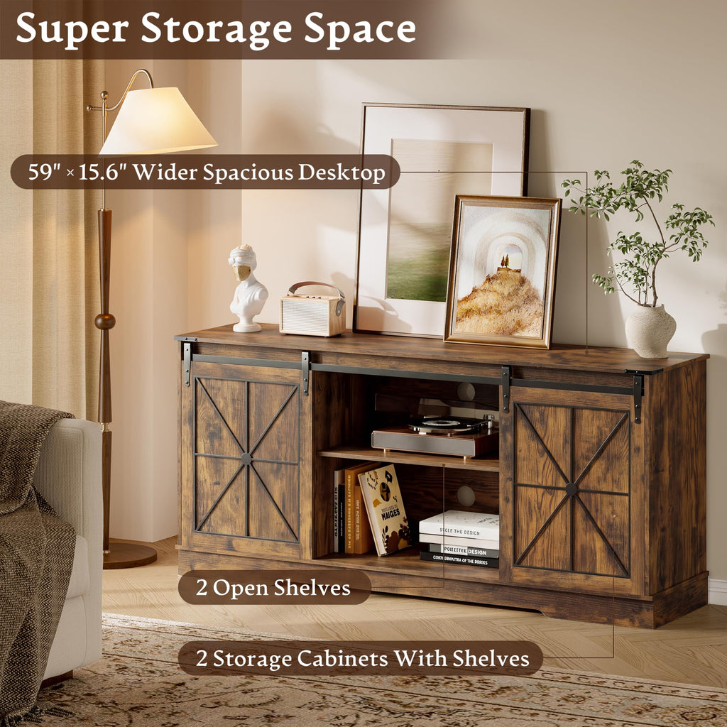 Farmhouse TV Stand for 65 Inch TV with Sliding Barn Doors, Brown