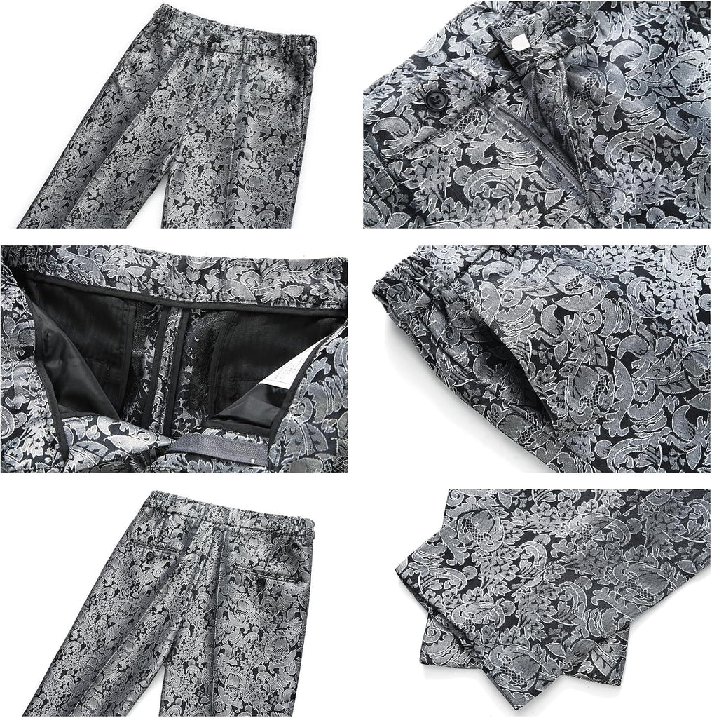 Boys Suit 3 Pieces Slim Fit Tuxedo Formal Set with Floral Jacquard Jacket Pant Vest for Wedding Prom Party