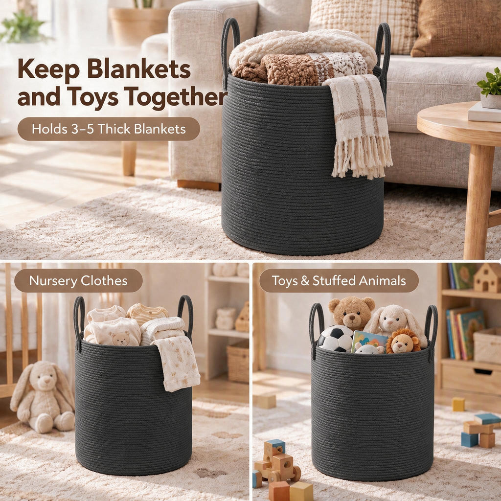 Cotton Rope Laundry Basket Hamper, Black
