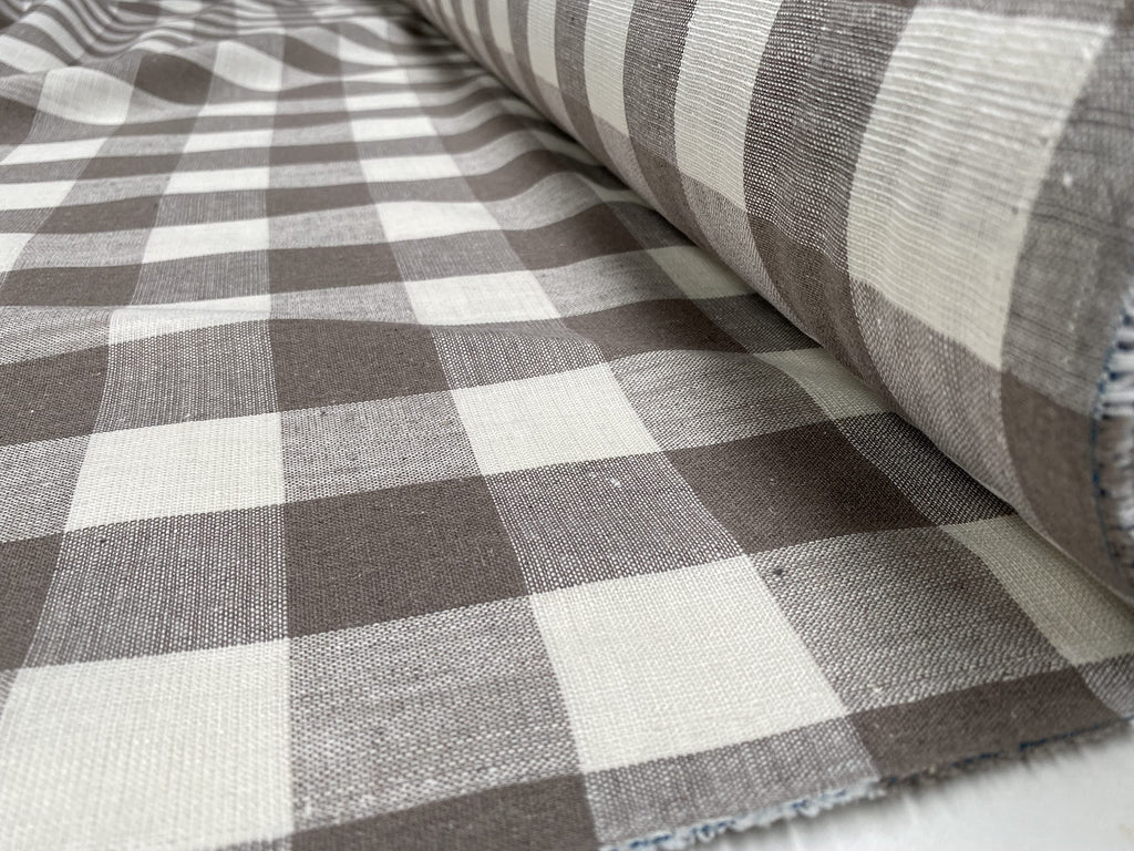 Gingham Linen Checked Fabric Plaid Material Buffalo White Check - 140cm Wide (Sold by the metre) (Taupe Brown & White)